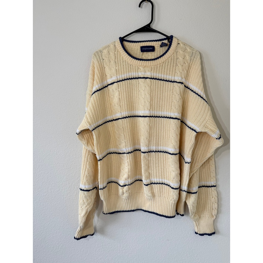 Vintage Claybrooke Mens Yellow Cable Knit Striped Cotton Crewneck Sweater Large